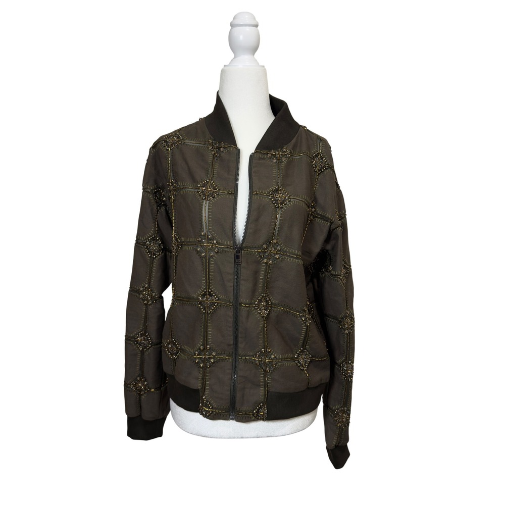 Haute Hippie Olive Green Beaded Sequin Bomber Jacket Silk Cotton Small